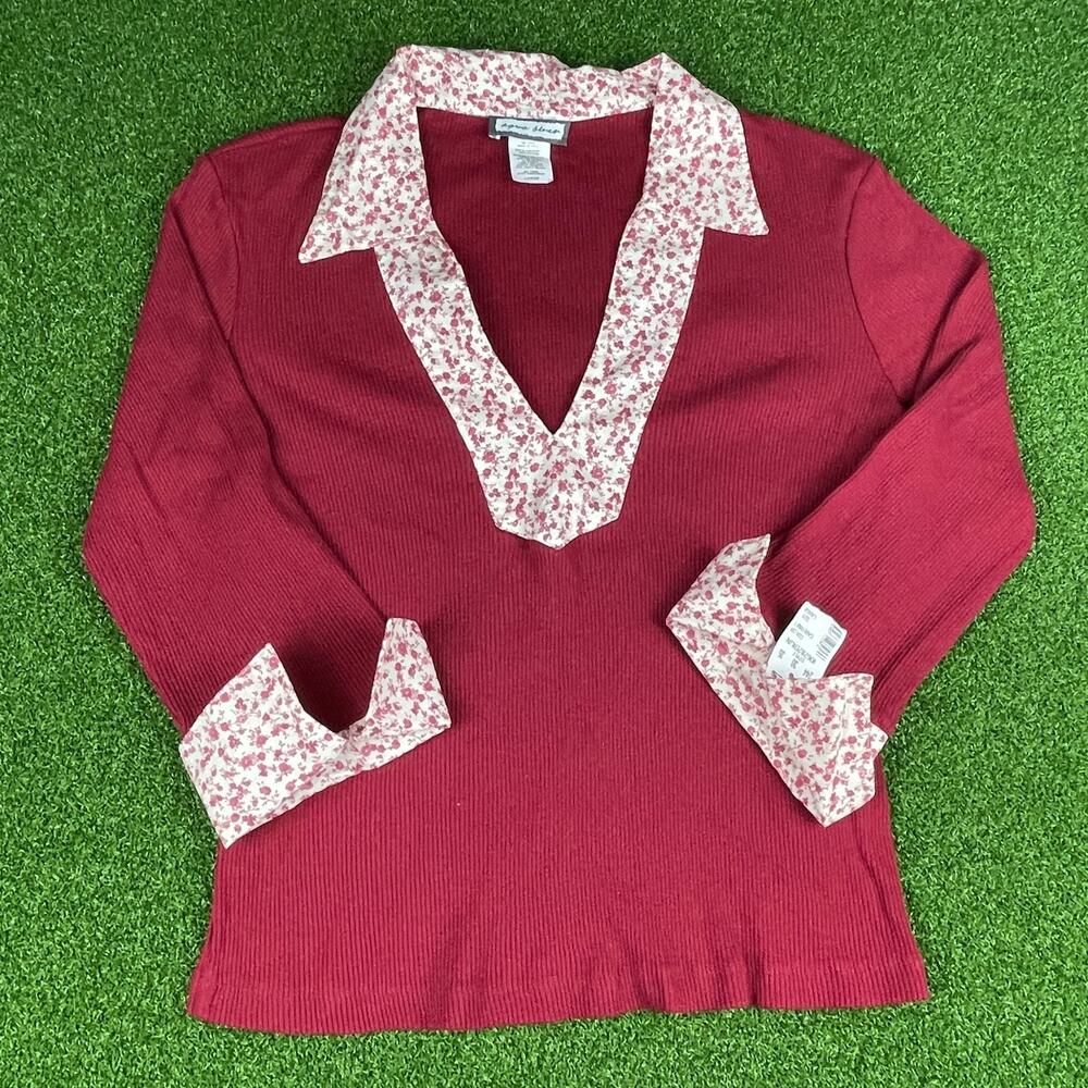 Vintage Y2K NWT Aqua Blues Maroon Floral Detail 1/2 Sleeve V Neck Blouse Sz L